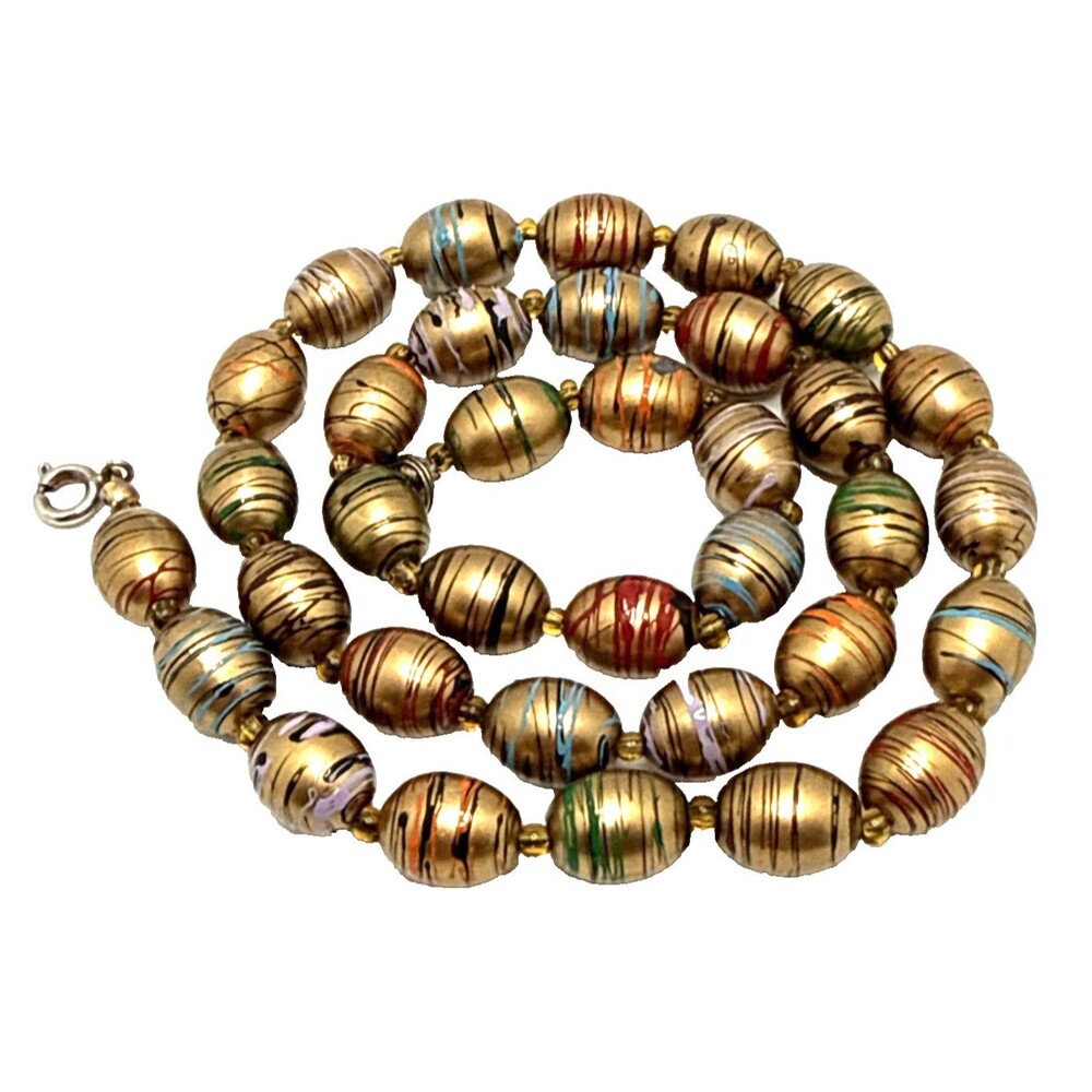 Vintage Lucite Copper Swirl Beaded Necklace Amber Spacers 21” Mid Century Modern